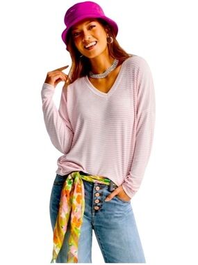 CABI style #6331 Serenity Tee pink & white stripe v-neck long sleeved sz M - NWT